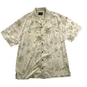 Tommy Bahama Mens Large Silk Floral Camp Shirt Cream Olive Green Short Sleeve